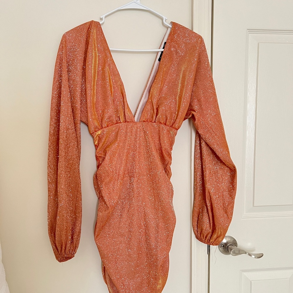 Glitter Plunge Puff Sleeve Mini Dress